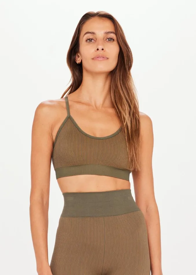 The Upside RIBBED SEAMLESS ZAHRA BRA Khaki Shop Sports Bras