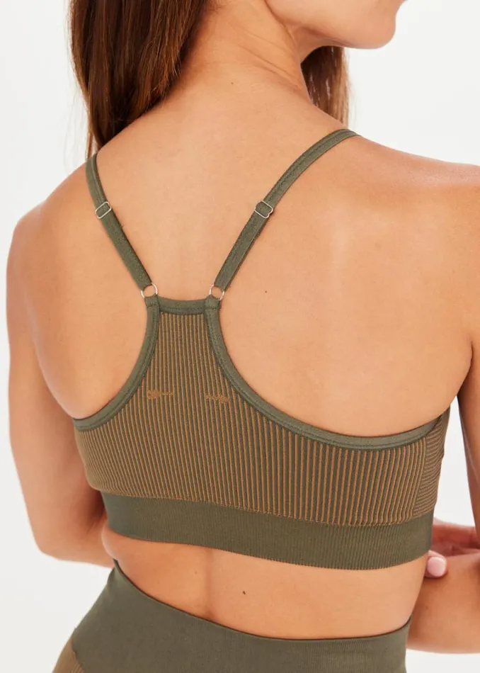 The Upside RIBBED SEAMLESS ZAHRA BRA Khaki Shop Sports Bras The Upside RIBBED SEAMLESS ZAHRA BRA Khaki Shop Sports Bras