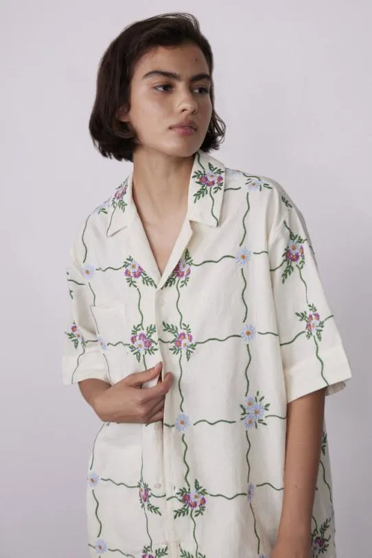 Tops Women Damson Madder Tablecloth Embroidered Shirt