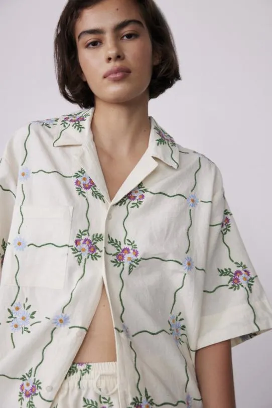 Tops Women Damson Madder Tablecloth Embroidered Shirt