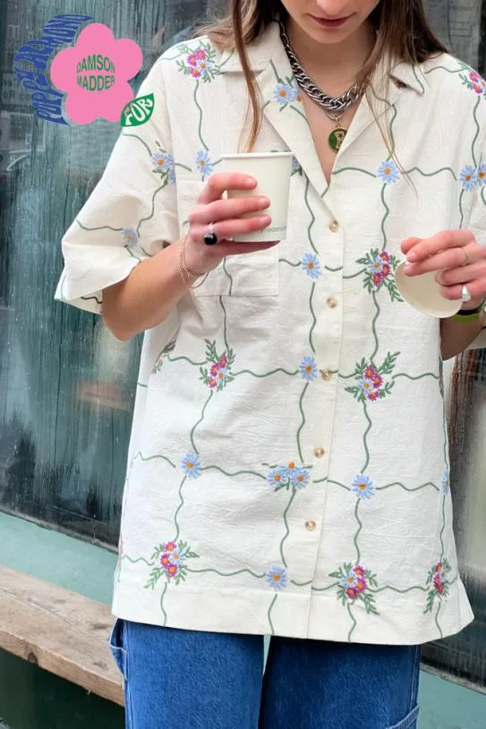 Tops Women Damson Madder Tablecloth Embroidered Shirt
