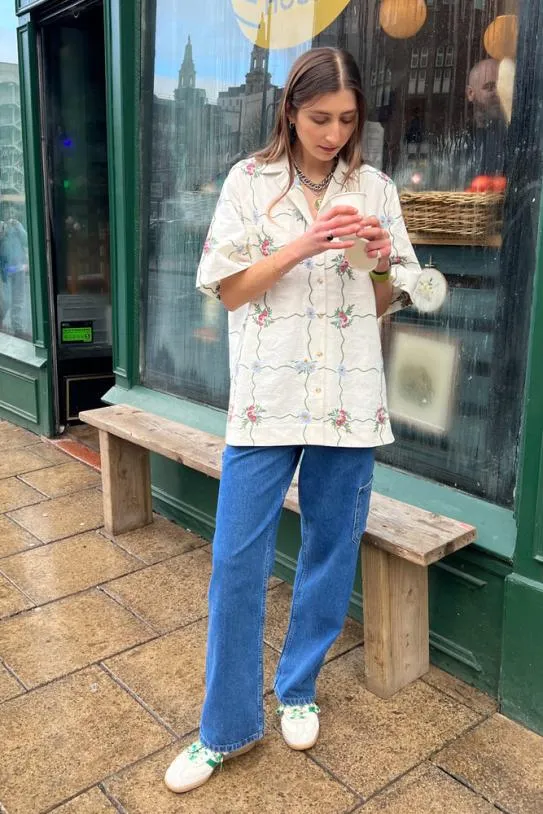 Tops Women Damson Madder Tablecloth Embroidered Shirt