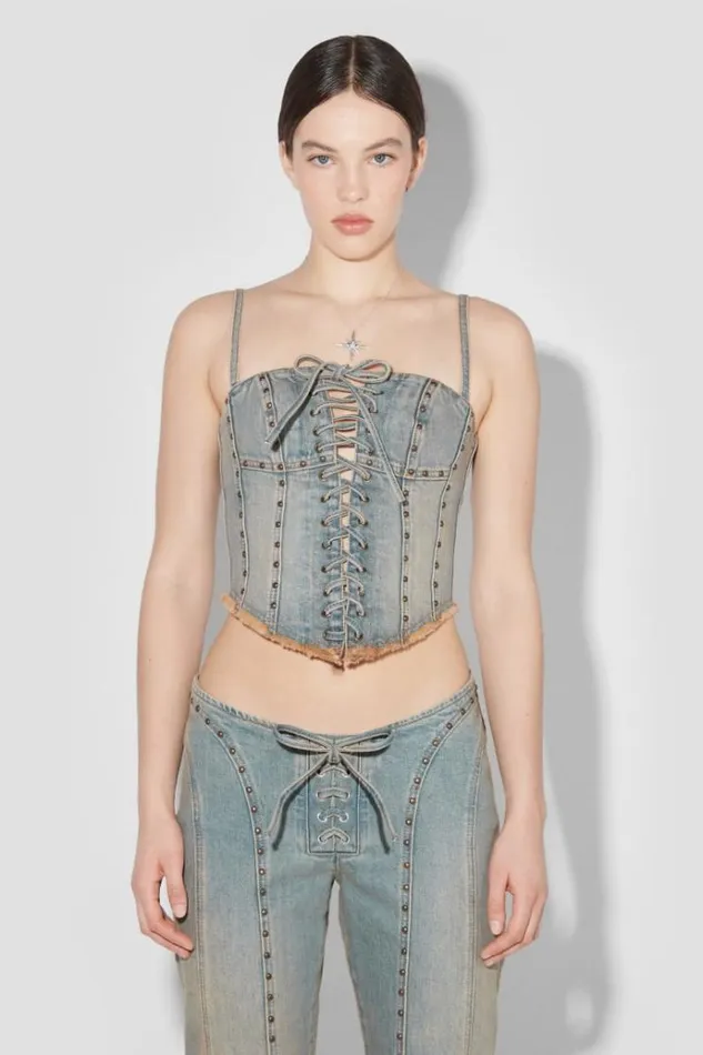 Tops Women MISBHV Sunset Wash Lara Laced Studded Denim Corset Blue