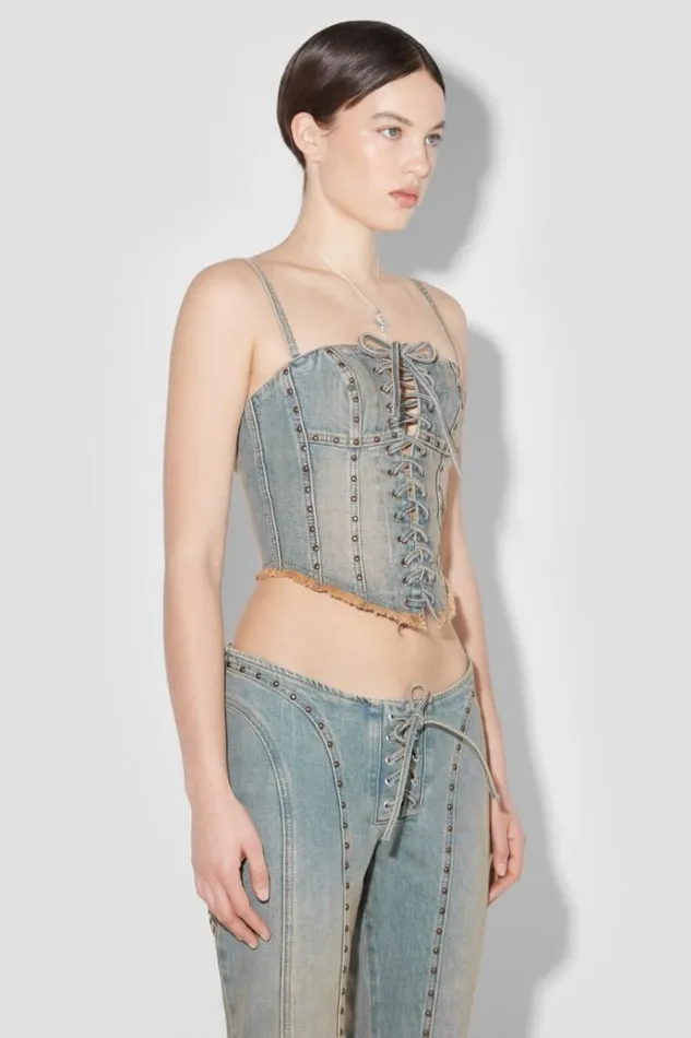 Tops Women MISBHV Sunset Wash Lara Laced Studded Denim Corset Blue