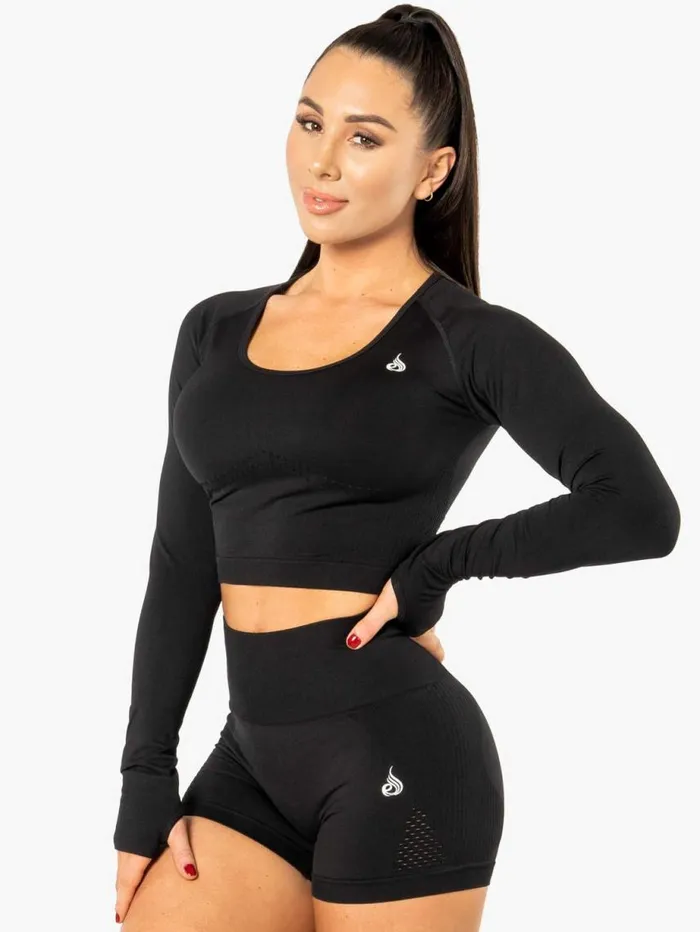 Tops Womens Ryderwear Electra Seamless Long Sleeve Crop Top Black
