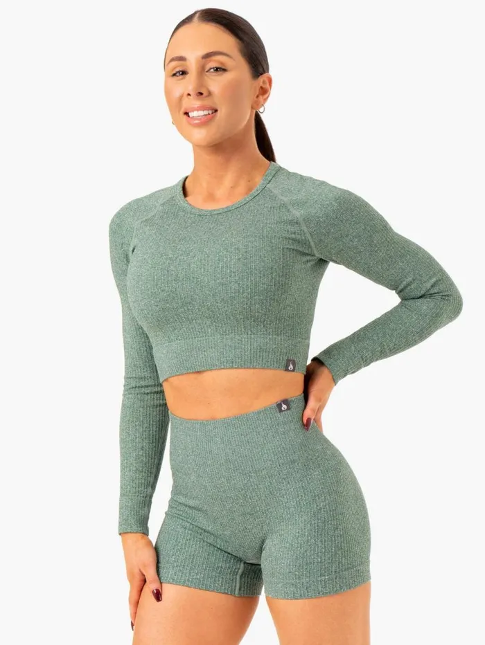 Tops Womens Ryderwear Rib Seamless Long Sleeve Top Green Marl