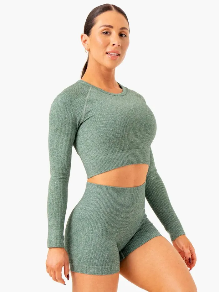 Tops Womens Ryderwear Rib Seamless Long Sleeve Top Green Marl