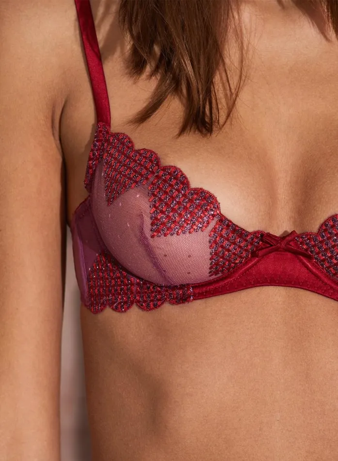 Underwire Bras Lingerie Fleur Du Mal Heart Embroidery Demi Bra Rouge