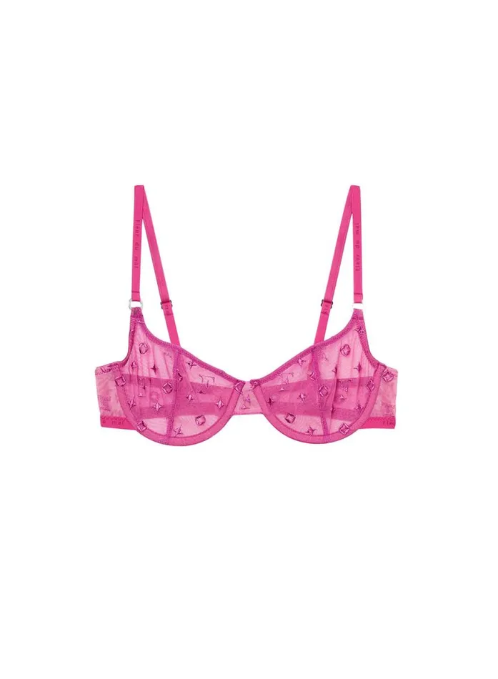 Underwire Bras Lingerie Fleur Du Mal Monogram Embroidery Scooped Balconette Bra Fuchsia Rose