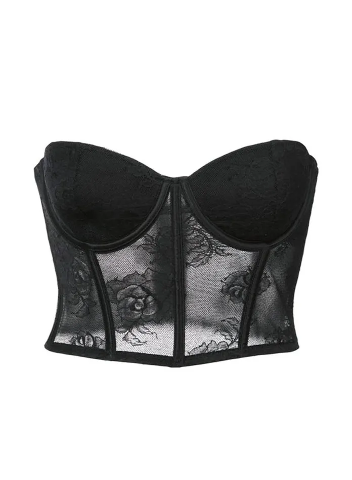Underwire Bras PleasureLingerie Fleur Du Mal Bouquet Lace Bustier Top Black