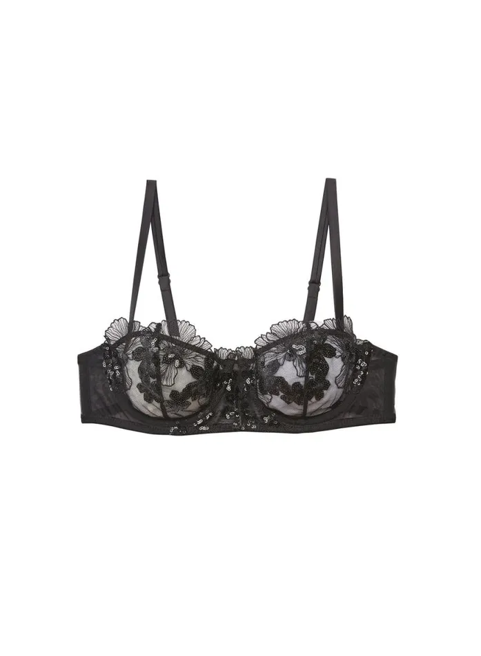 Underwire Bras PleasureLingerie Fleur Du Mal Sequin Violet Embroidery Balconette Bra Black