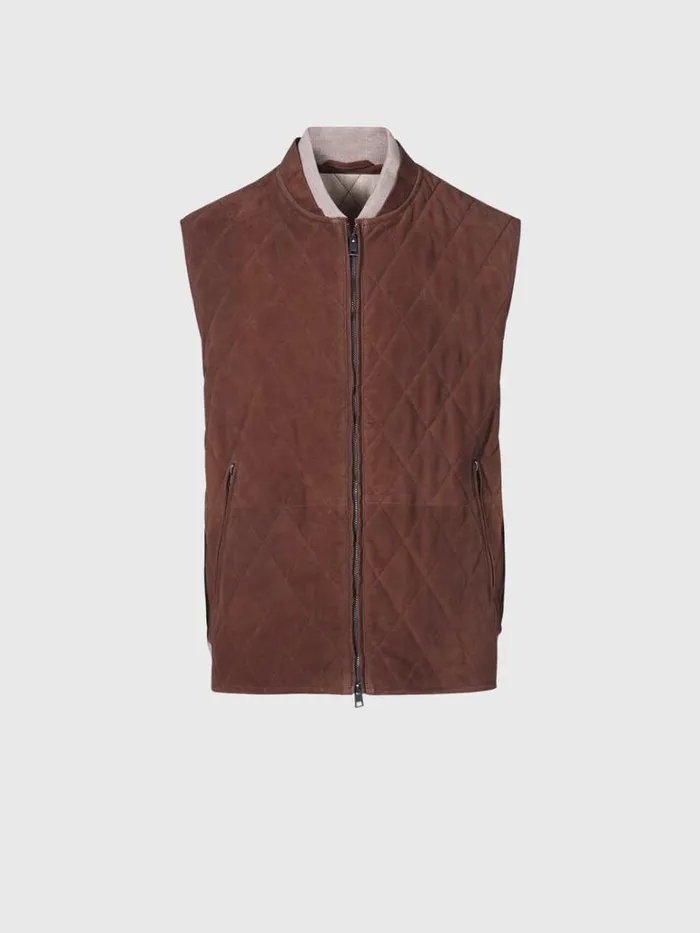 Vests Mens Paul Stuart Quilted Suede Vest Taupe