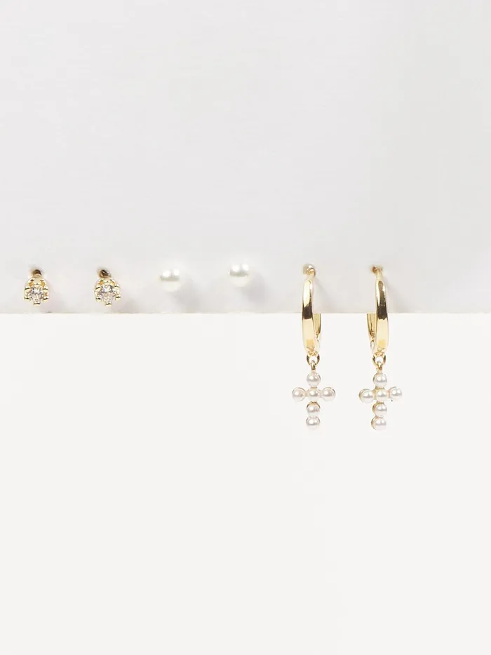 Women 3 Pack Mini Pearl Cross Hoop Earrings Gold Altar039d State Jewelry