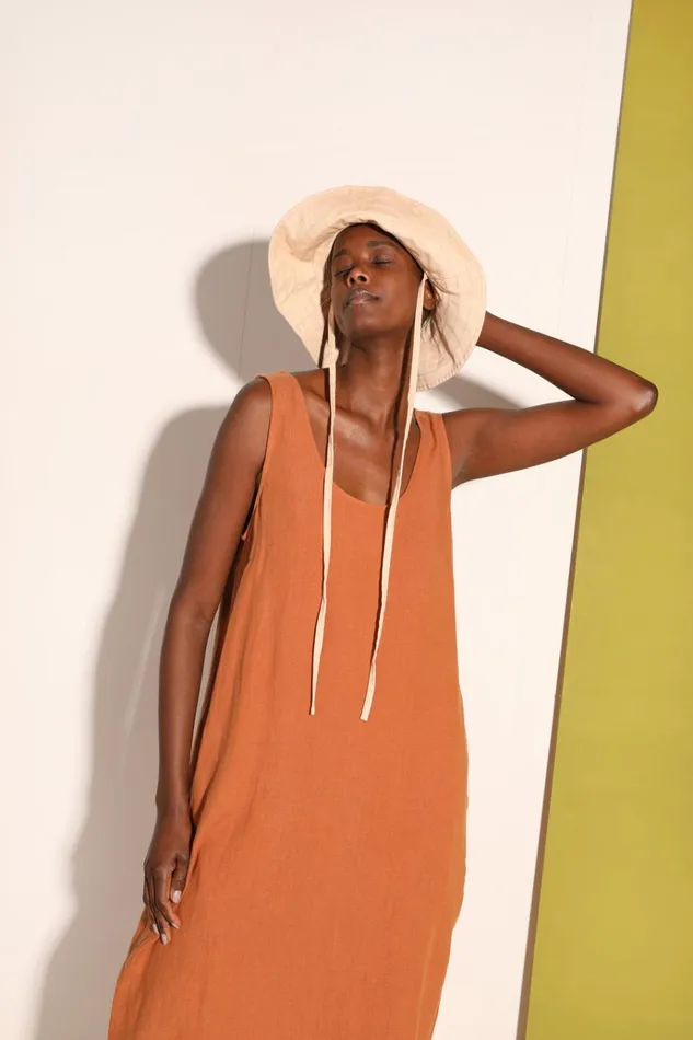 Women Basic Linen Shift Chestnut LF Markey Dresses