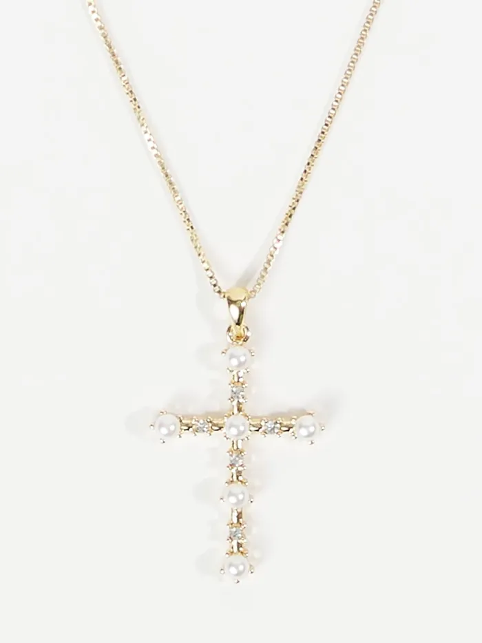 Women Dainty Pearl Cross Pendant Necklace Goldcream Altar039d State Jewelry
