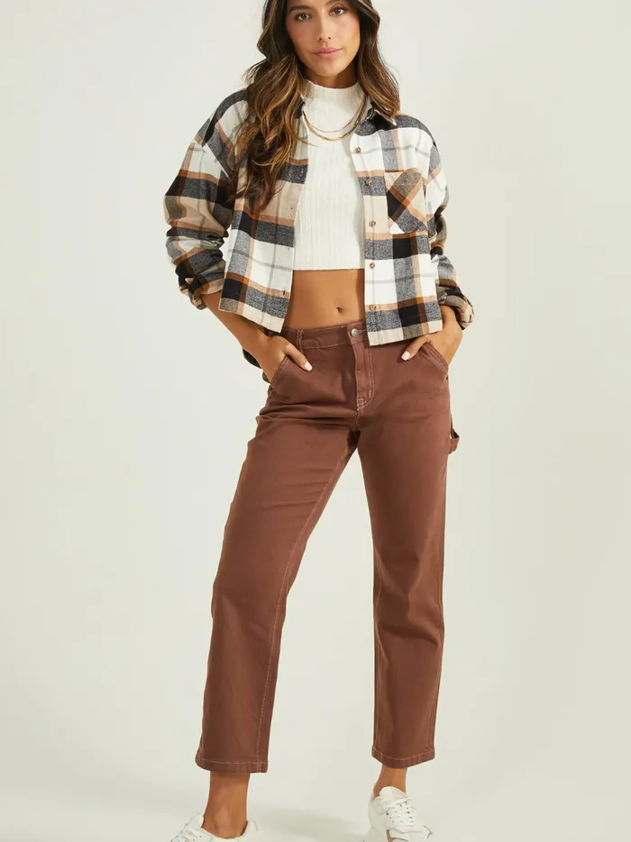 Women Demi Cropped Flannel Top Blackbrown Altar039d State Blouses