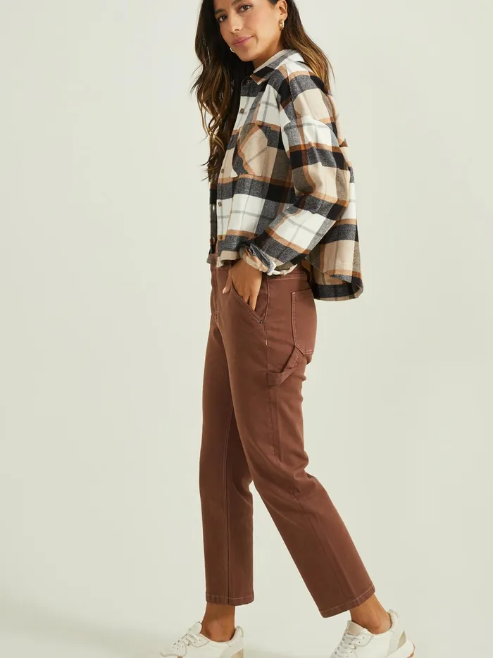 Women Demi Cropped Flannel Top Blackbrown Altar039d State Blouses