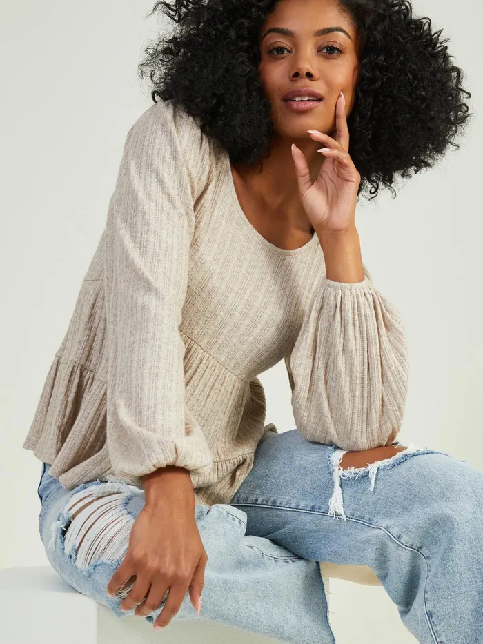 Women Ellis Pointelle Babydoll Top Oatmeal Altar039d State Blouses