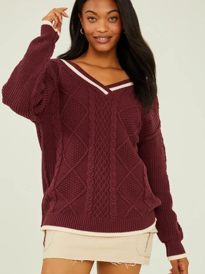 Women Hallie Cable Knit Sweater Burgundyivory Altar039d State Sweaters