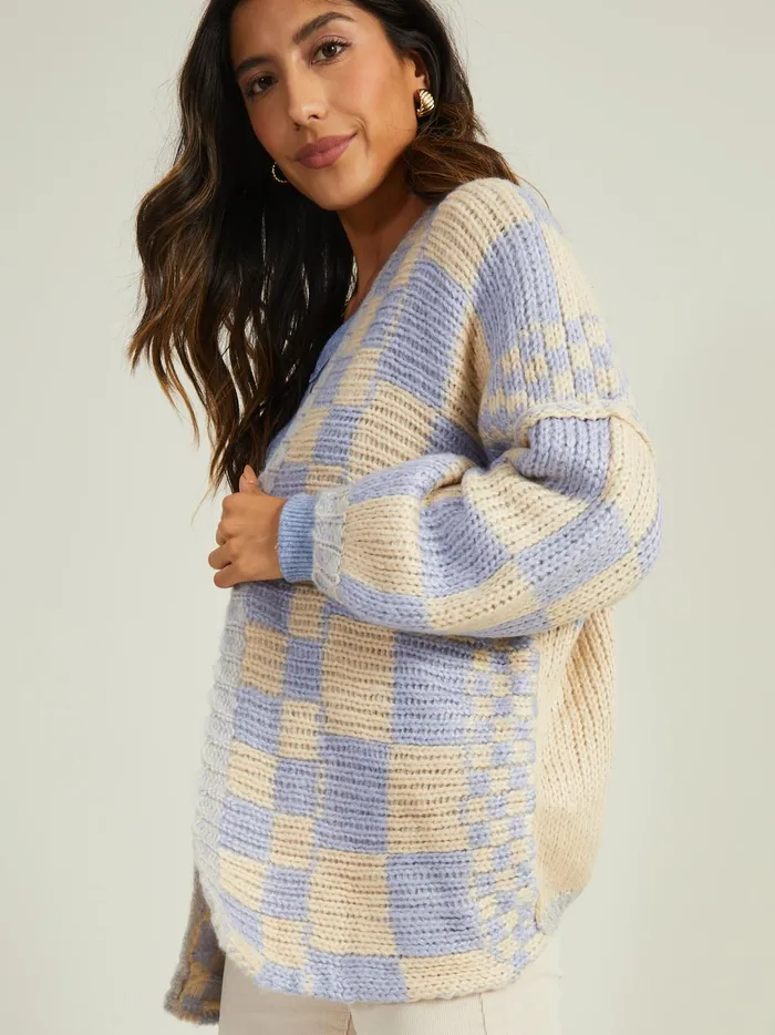 Women Lauren Checkered Cardigan Blueivory Altar039d State Sweaters