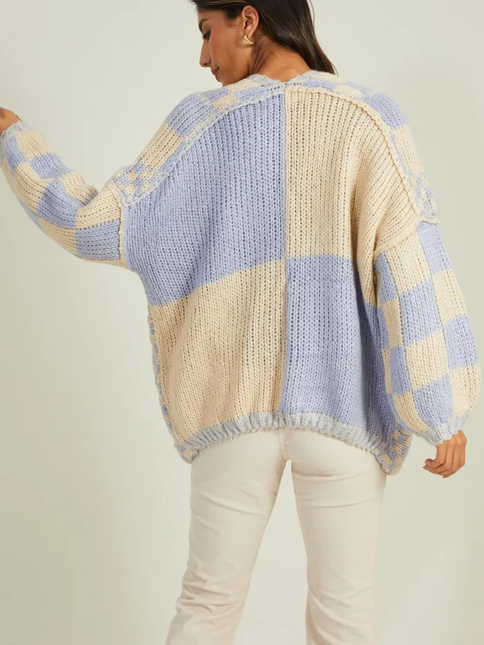 Women Lauren Checkered Cardigan Blueivory Altar039d State Sweaters