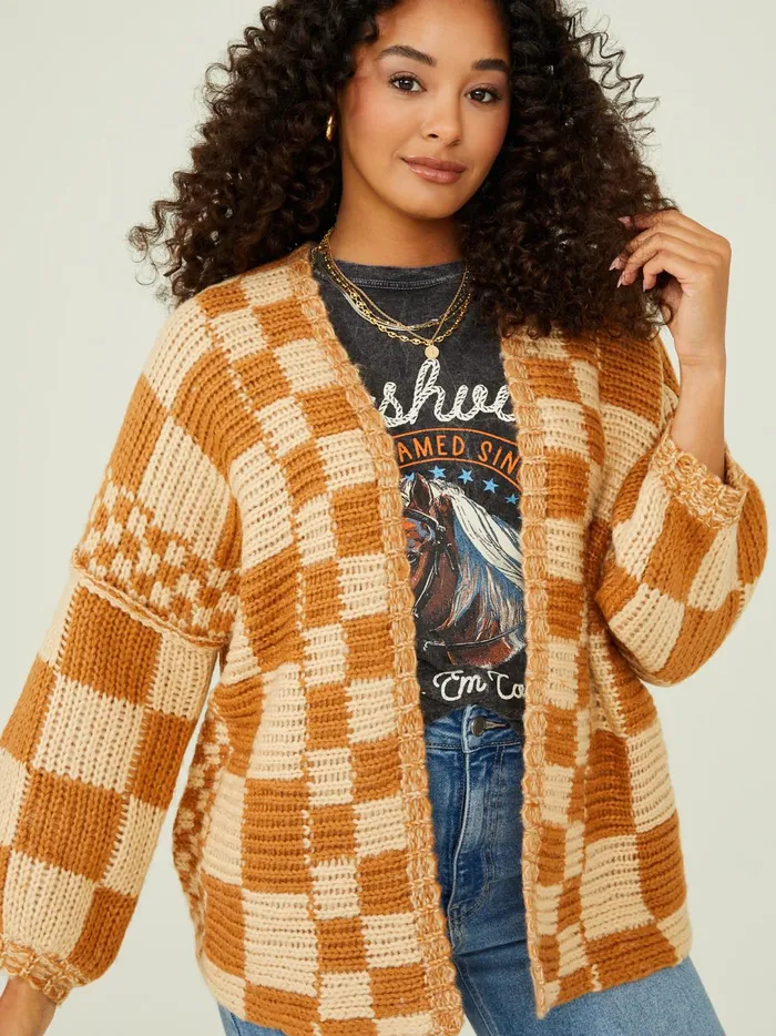 Women Lauren Checkered Cardigan Camel Altar039d State Sweaters