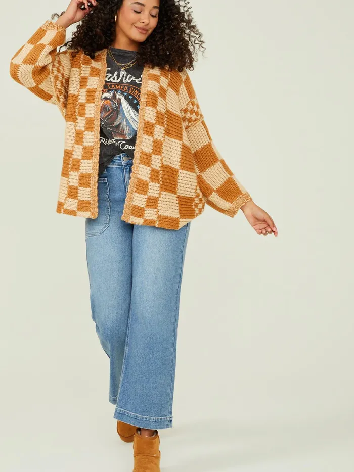 Women Lauren Checkered Cardigan Camel Altar039d State Sweaters