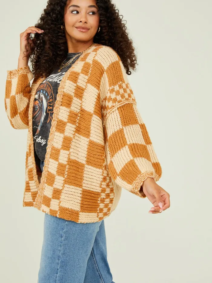 Women Lauren Checkered Cardigan Camel Altar039d State Sweaters