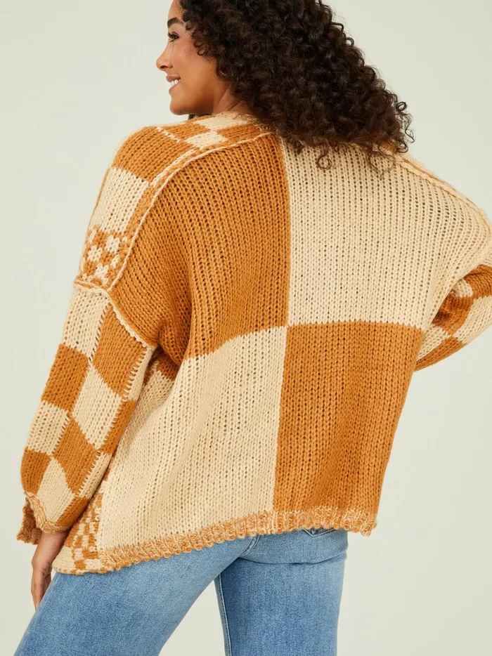 Women Lauren Checkered Cardigan Camel Altar039d State Sweaters