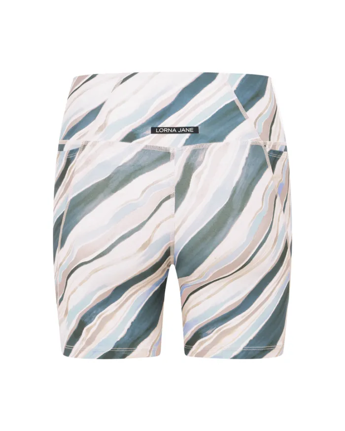 Women LORNA JANE Bike Shorts Horizon Haze No Ride Pocket Bike Short Blacklace Print