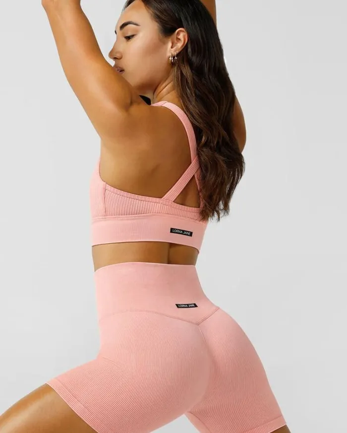 Women LORNA JANE Bike Shorts It Girl Wide Ribbed Seamless 12cm Bike Short Washed Peach
