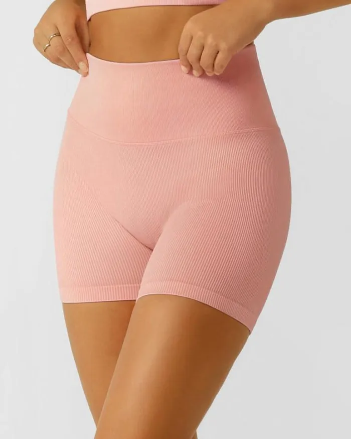 Women LORNA JANE Bike Shorts It Girl Wide Ribbed Seamless 12cm Bike Short Washed Peach