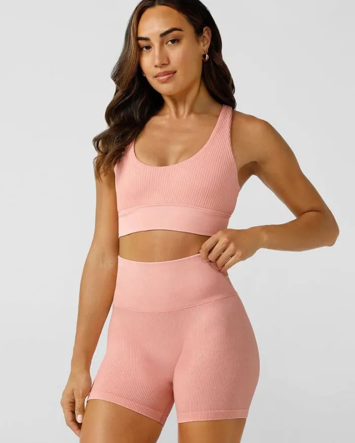 Women LORNA JANE Bike Shorts It Girl Wide Ribbed Seamless 12cm Bike Short Washed Peach