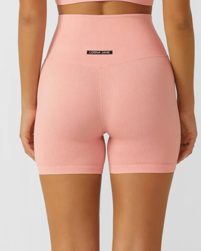 Women LORNA JANE Bike Shorts It Girl Wide Ribbed Seamless 12cm Bike Short Washed Peach