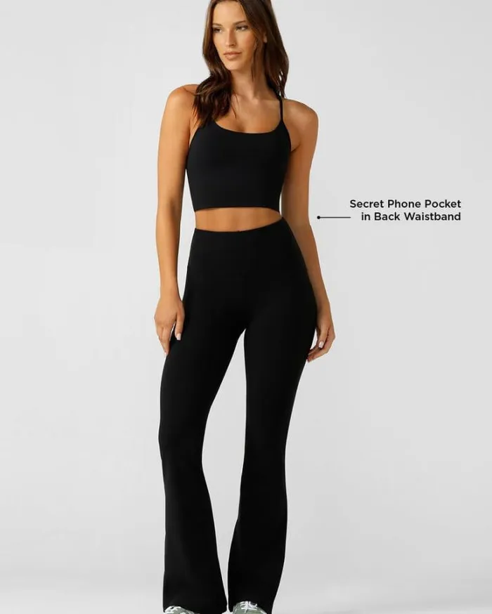 Women LORNA JANE Flare Leggings Effortless Phone Pocket Flared Leggings Black Women LORNA JANE Flare Leggings Effortless Phone Pocket Flared Leggings Black