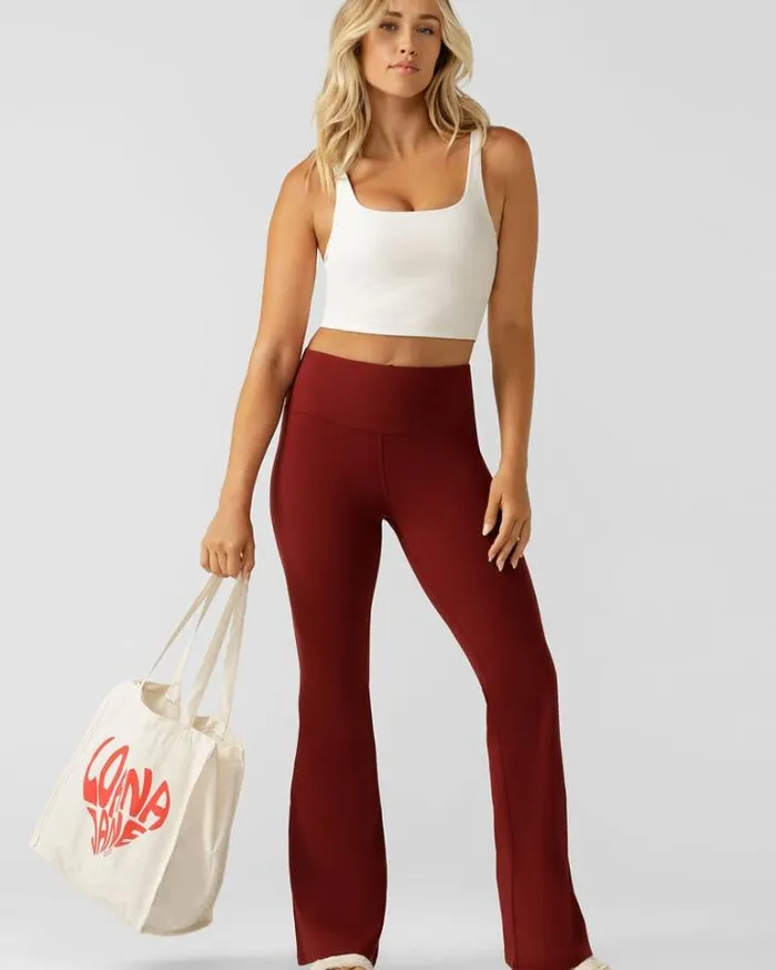 Women LORNA JANE Flare Leggings Lotus Flared Full Length Leggings Sepia