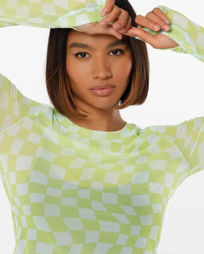 Women LORNA JANE Tops Naughties Nostalgic Mesh Long Sleeve Top Swirl Check Print