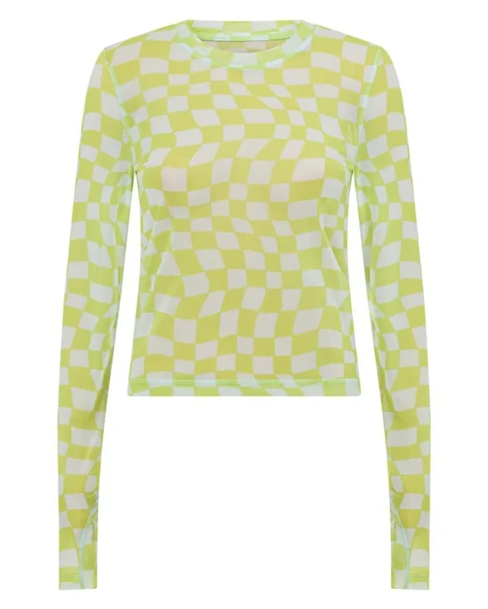 Women LORNA JANE Tops Naughties Nostalgic Mesh Long Sleeve Top Swirl Check Print