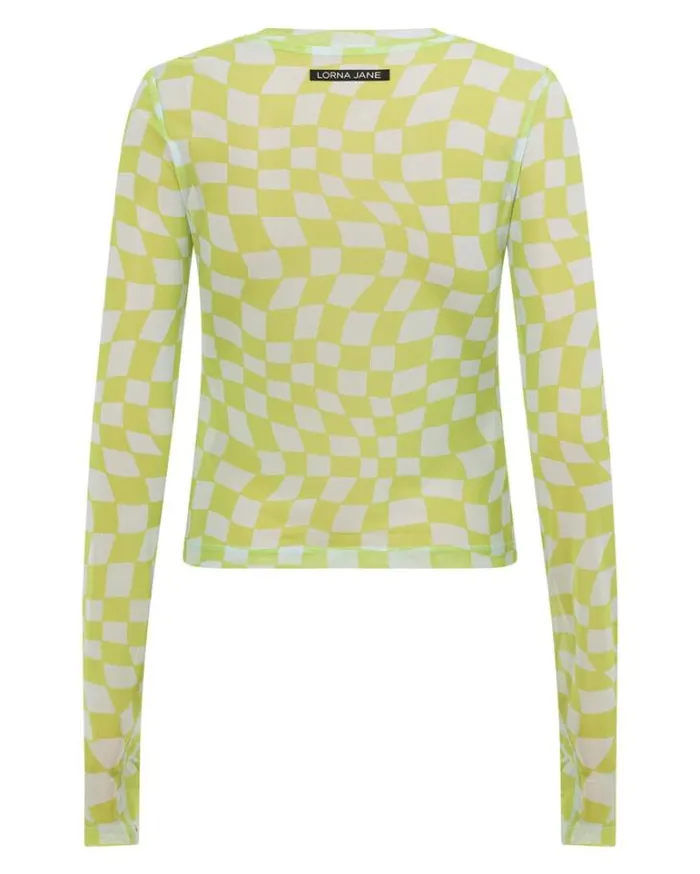 Women LORNA JANE Tops Naughties Nostalgic Mesh Long Sleeve Top Swirl Check Print