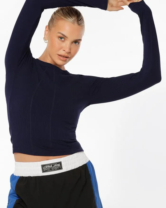 Women LORNA JANE Tops Striking Active Rib Long Sleeve Top French Navy