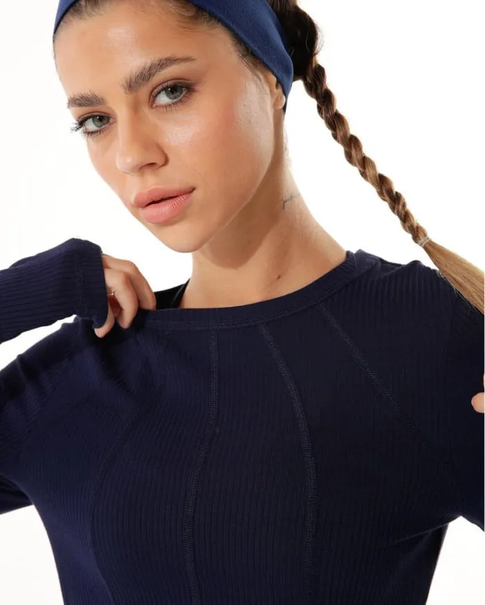 Women LORNA JANE Tops Striking Active Rib Long Sleeve Top French Navy