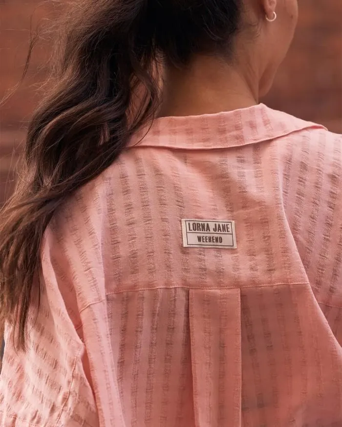 Women LORNA JANE Tops Summer Stripe Textured Shirt Peach