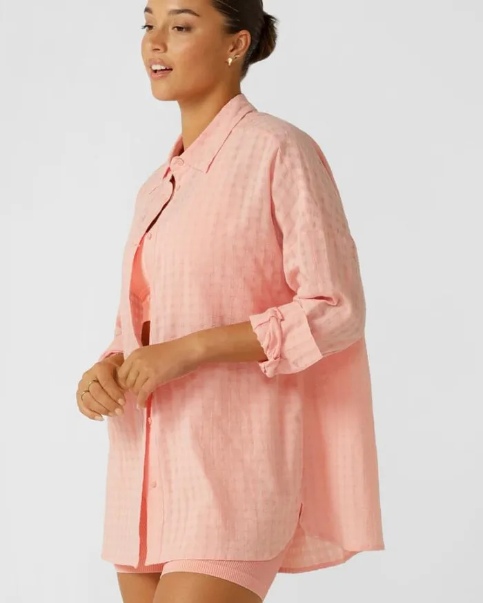 Women LORNA JANE Tops Summer Stripe Textured Shirt Peach