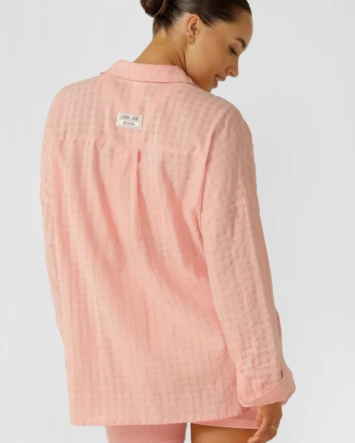 Women LORNA JANE Tops Summer Stripe Textured Shirt Peach