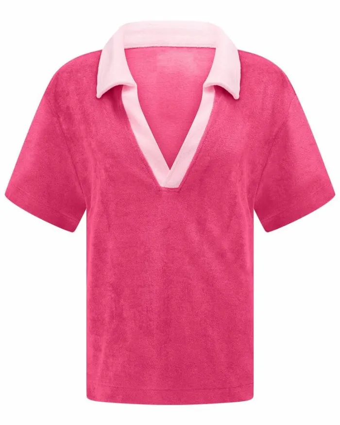 Women LORNA JANE Tops Terry Towelling Cropped Polo Tee Babin Pink