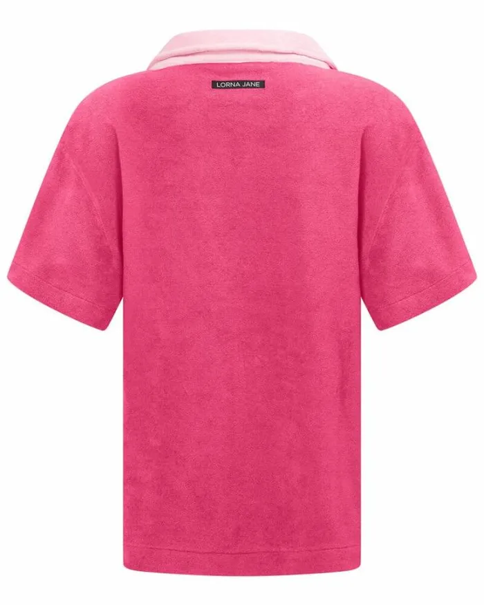 Women LORNA JANE Tops Terry Towelling Cropped Polo Tee Babin Pink