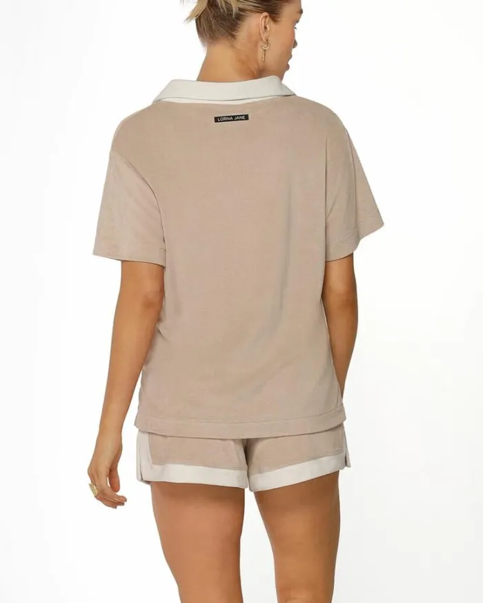 Women LORNA JANE Tops Terry Towelling Cropped Polo Tee Off White