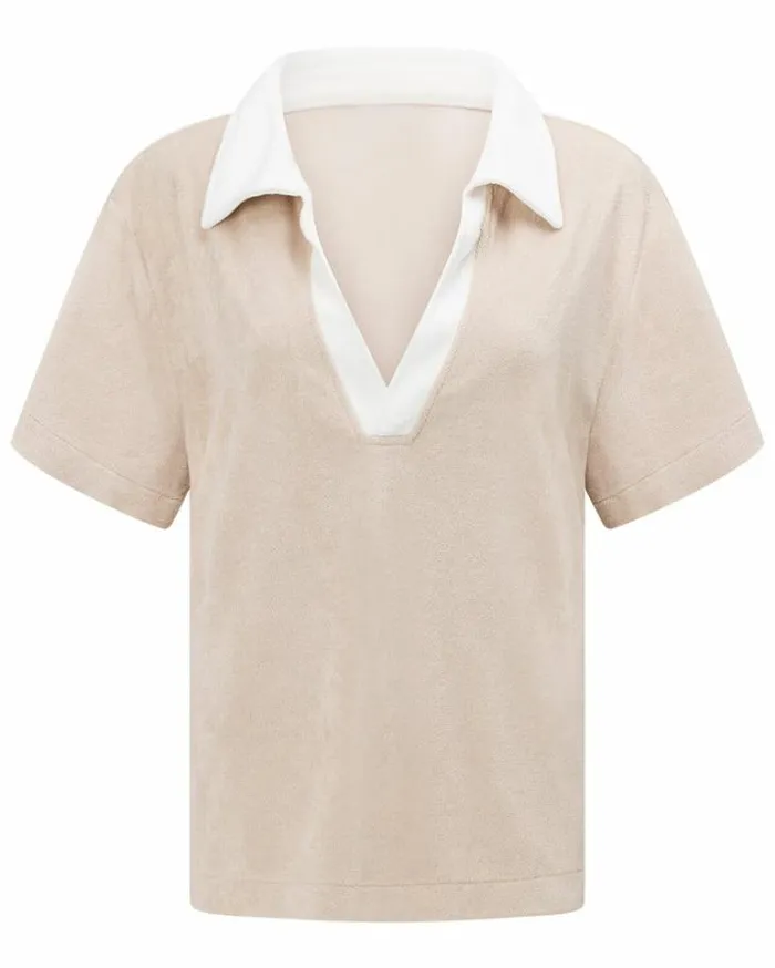 Women LORNA JANE Tops Terry Towelling Cropped Polo Tee Off White