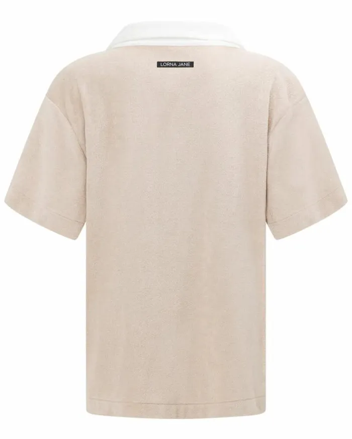 Women LORNA JANE Tops Terry Towelling Cropped Polo Tee Off White