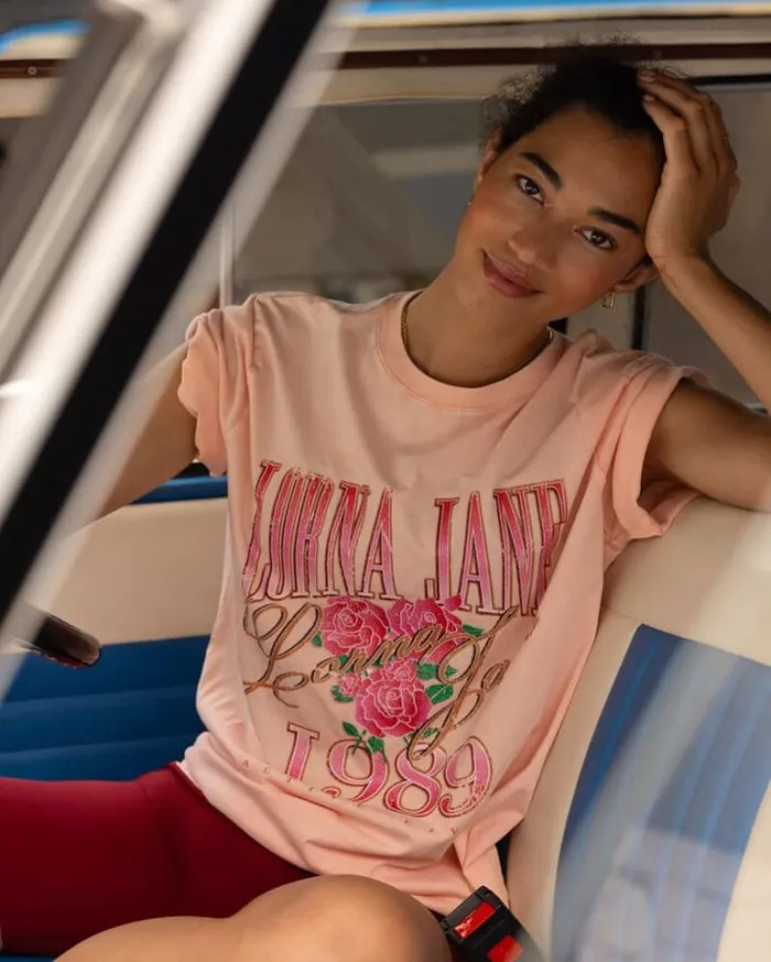 Women LORNA JANE Tops Vintage Rose Relaxed Tee Washed Sunkissed Peach